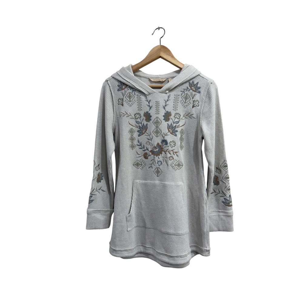 Soft Surroundings Embroidered Waffle Knit Hoodie Silver Metallic Tunic XS